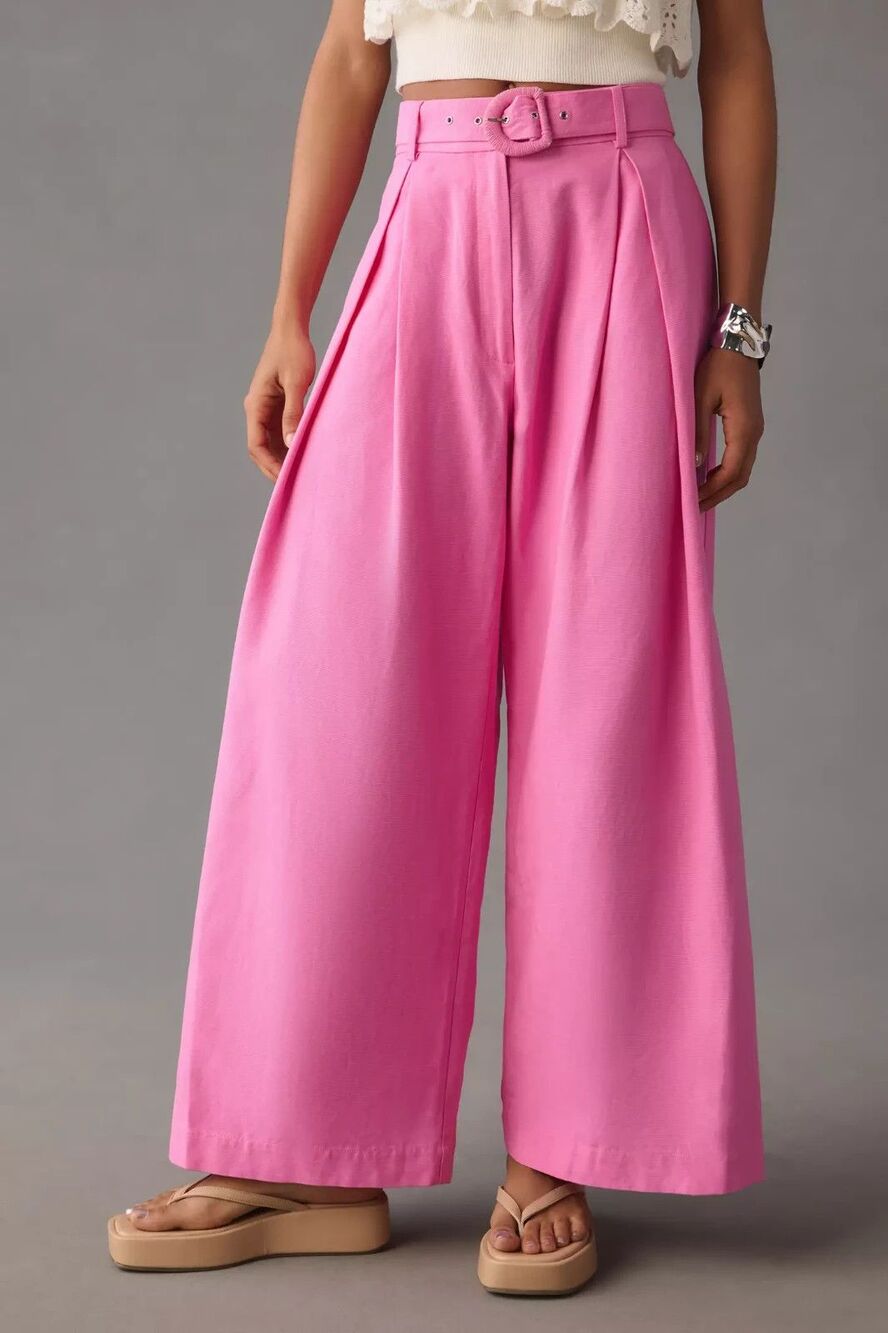 Farm Rio Tailored Wide Leg Pants trousers Belted in Pink Medium New - Picture 2 of 8
